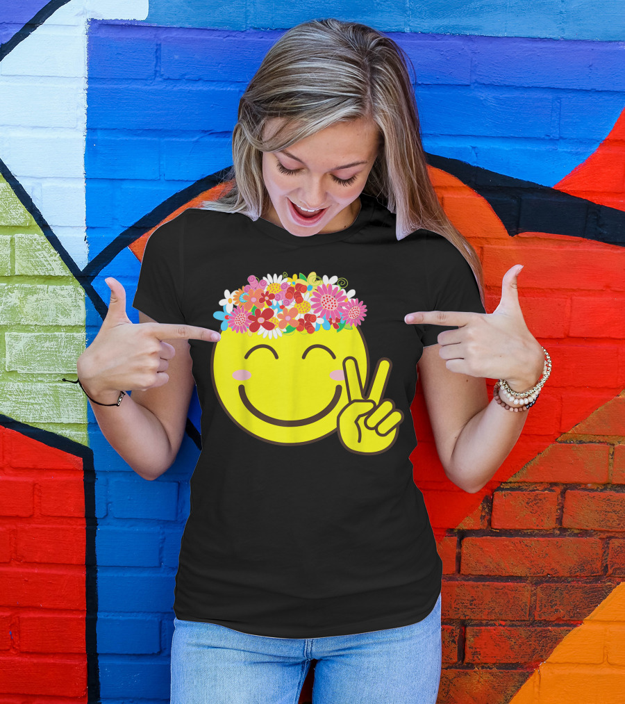 Smiley Emoticon Flower Crown Happiness Peace Sign Vibrant Floral Headpiece T-Shirt