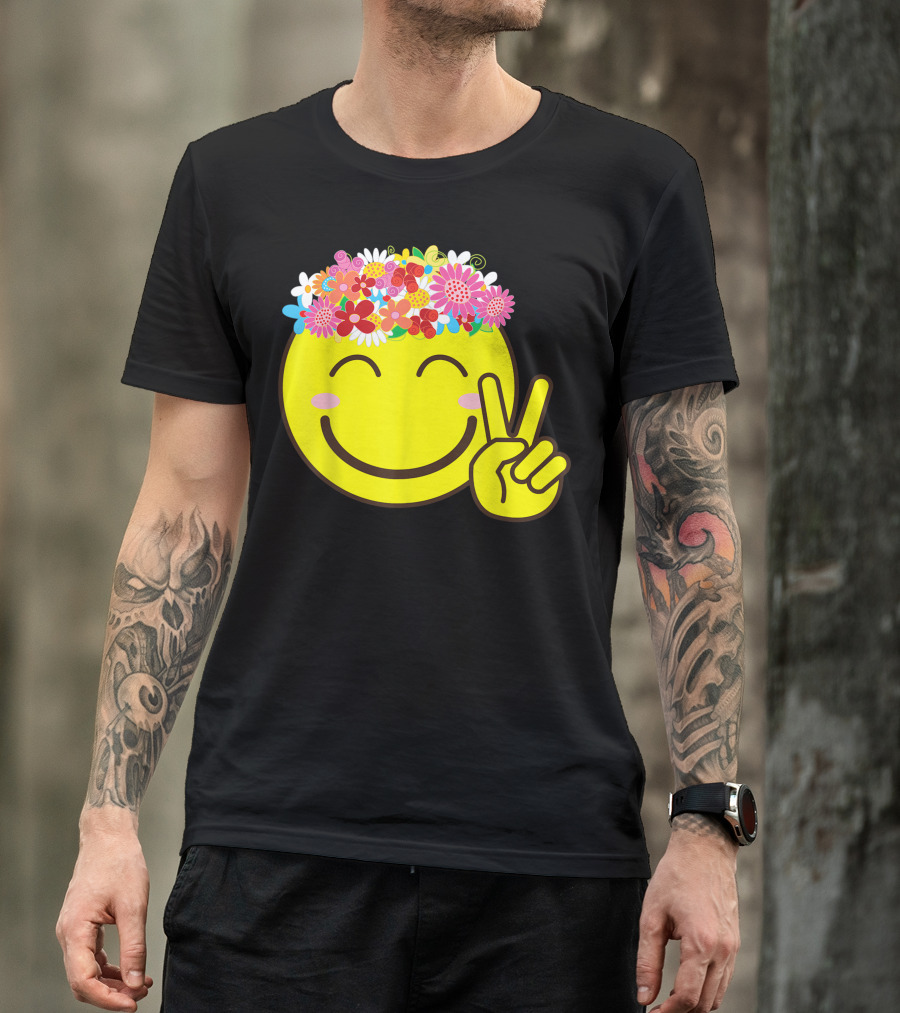 Smiley Emoticon Flower Crown Happiness Peace Sign Vibrant Floral Headpiece T-Shirt