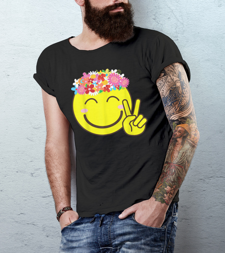 Smiley Emoticon Flower Crown Happiness Peace Sign Vibrant Floral Headpiece T-Shirt