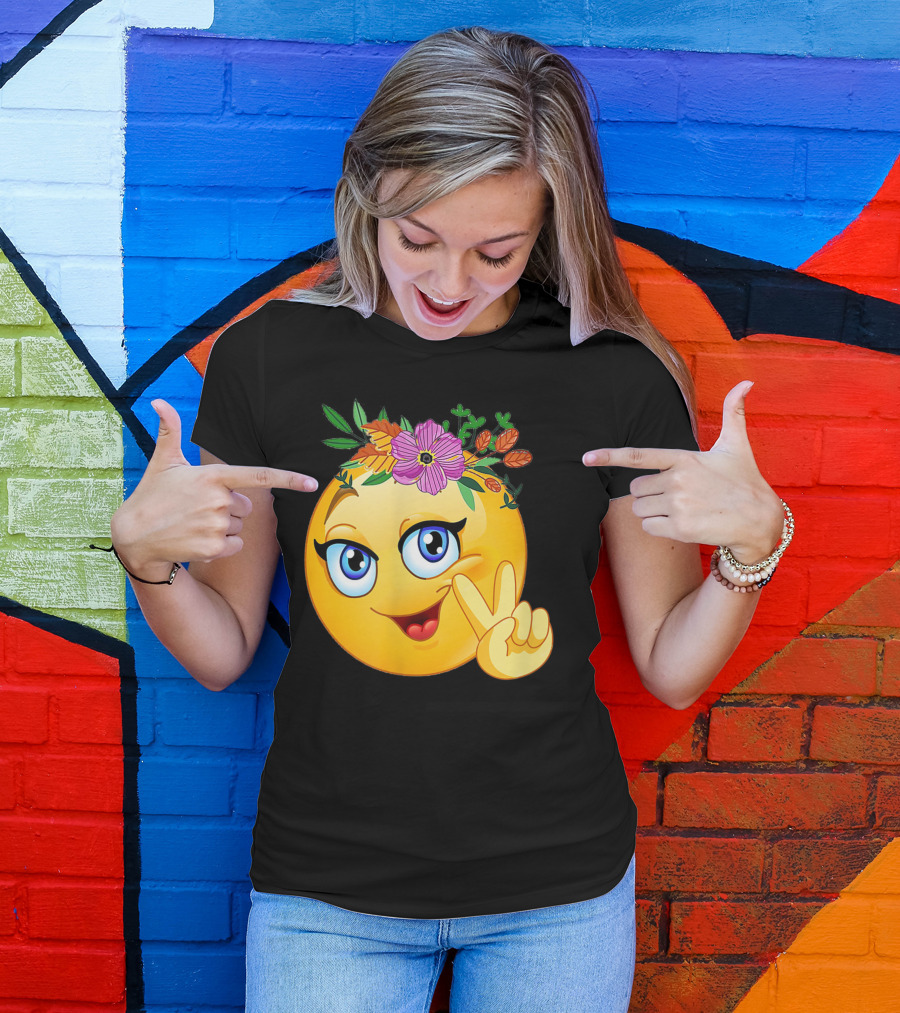 Smiley Hippie Flower Power Crown Peace Emoji Girls Trend T-Shirt