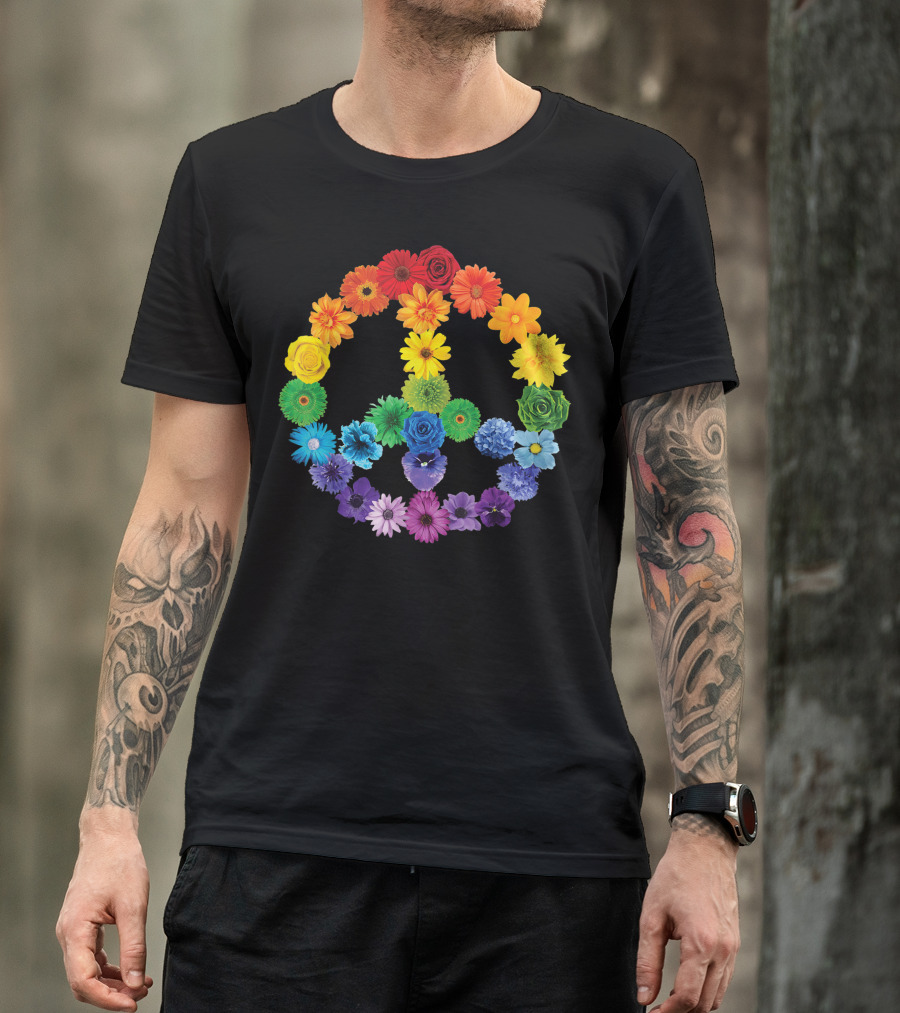 Spring Flowers Peace Sign Gerbera Daisies Roses Rainbow T-Shirt