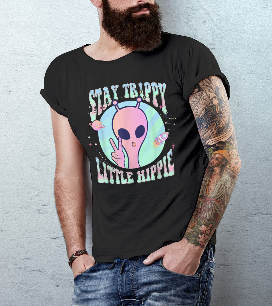 Stay Trippy Little Hippie Peace Sign Pink Alien Ufo Planet Constellation Stars T-Shirt
