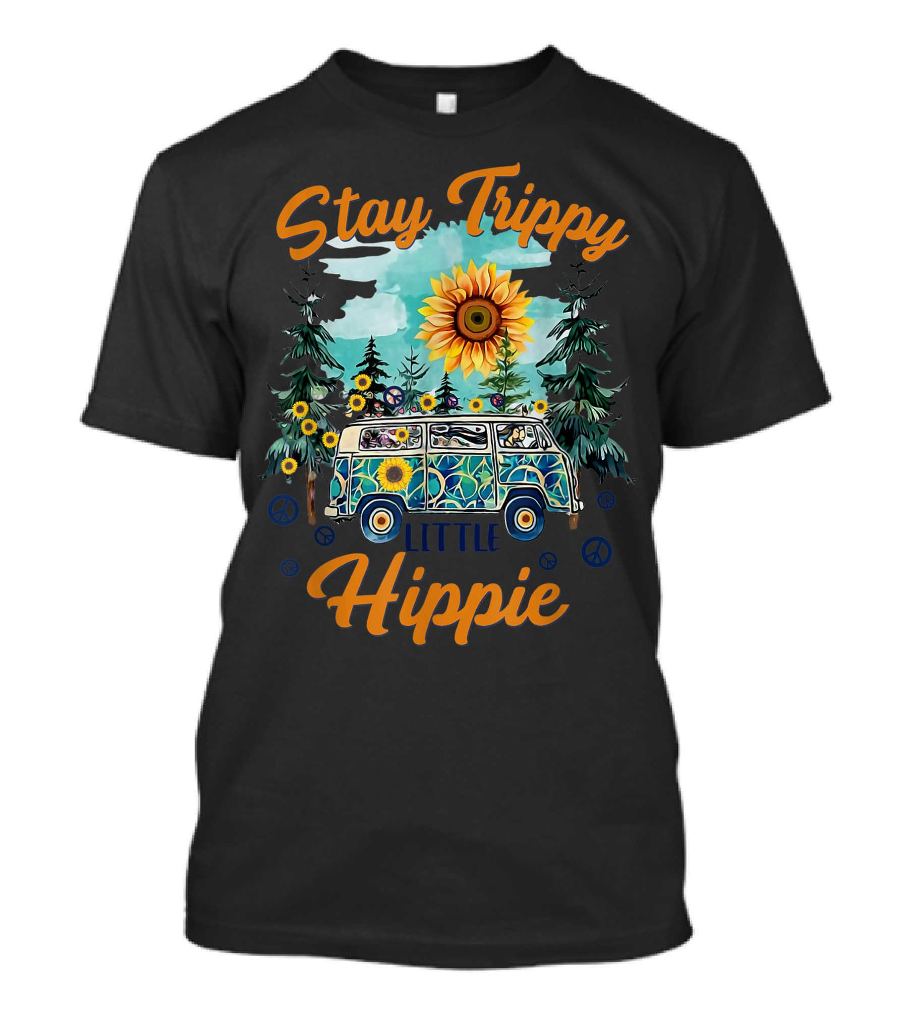 Stay Trippy Little Hippie Sunflower Camper Van And Peace Signs T-Shirt