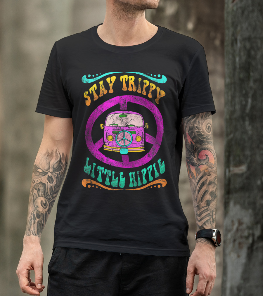 Stay Trippy Little Hippie 70s Vintage Van Peace Sign T-Shirt