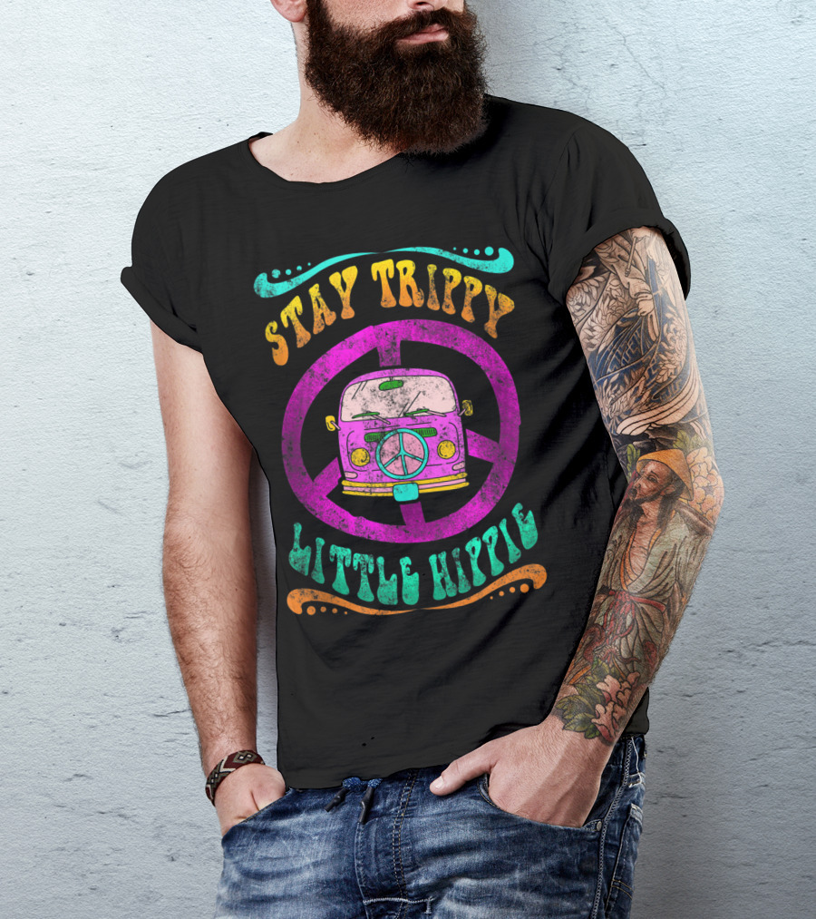 Stay Trippy Little Hippie 70s Vintage Van Peace Sign T-Shirt