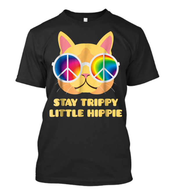 Stay Trippy Little Hippie Cat With Vintage Rainbow Peace Sign Glasses T-Shirt