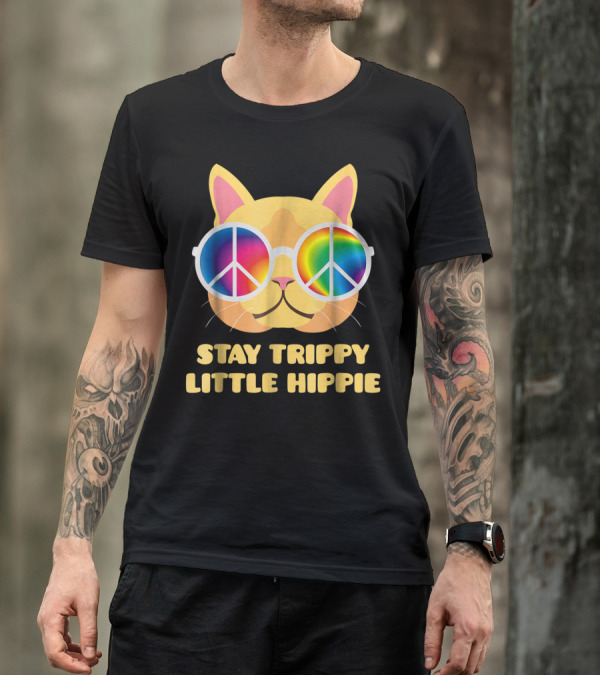 Stay Trippy Little Hippie Cat With Vintage Rainbow Peace Sign Glasses T-Shirt