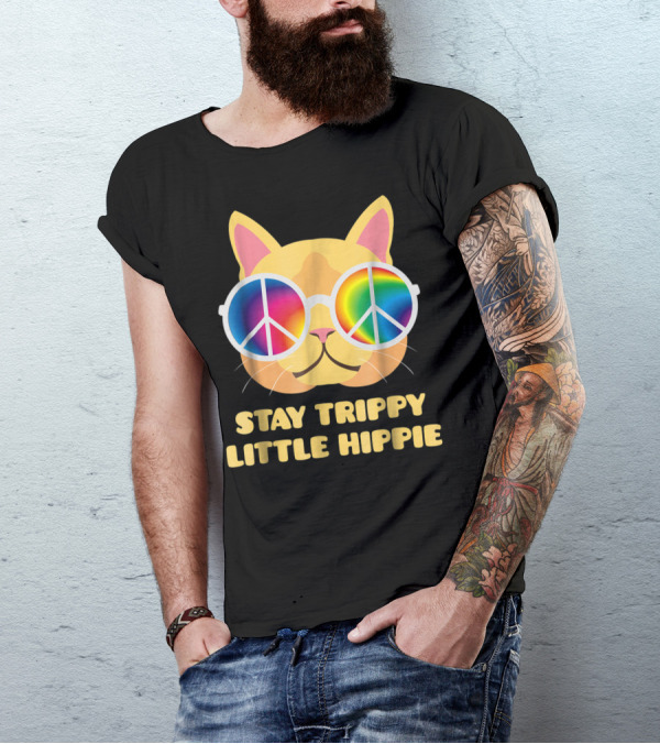 Stay Trippy Little Hippie Cat With Vintage Rainbow Peace Sign Glasses T-Shirt