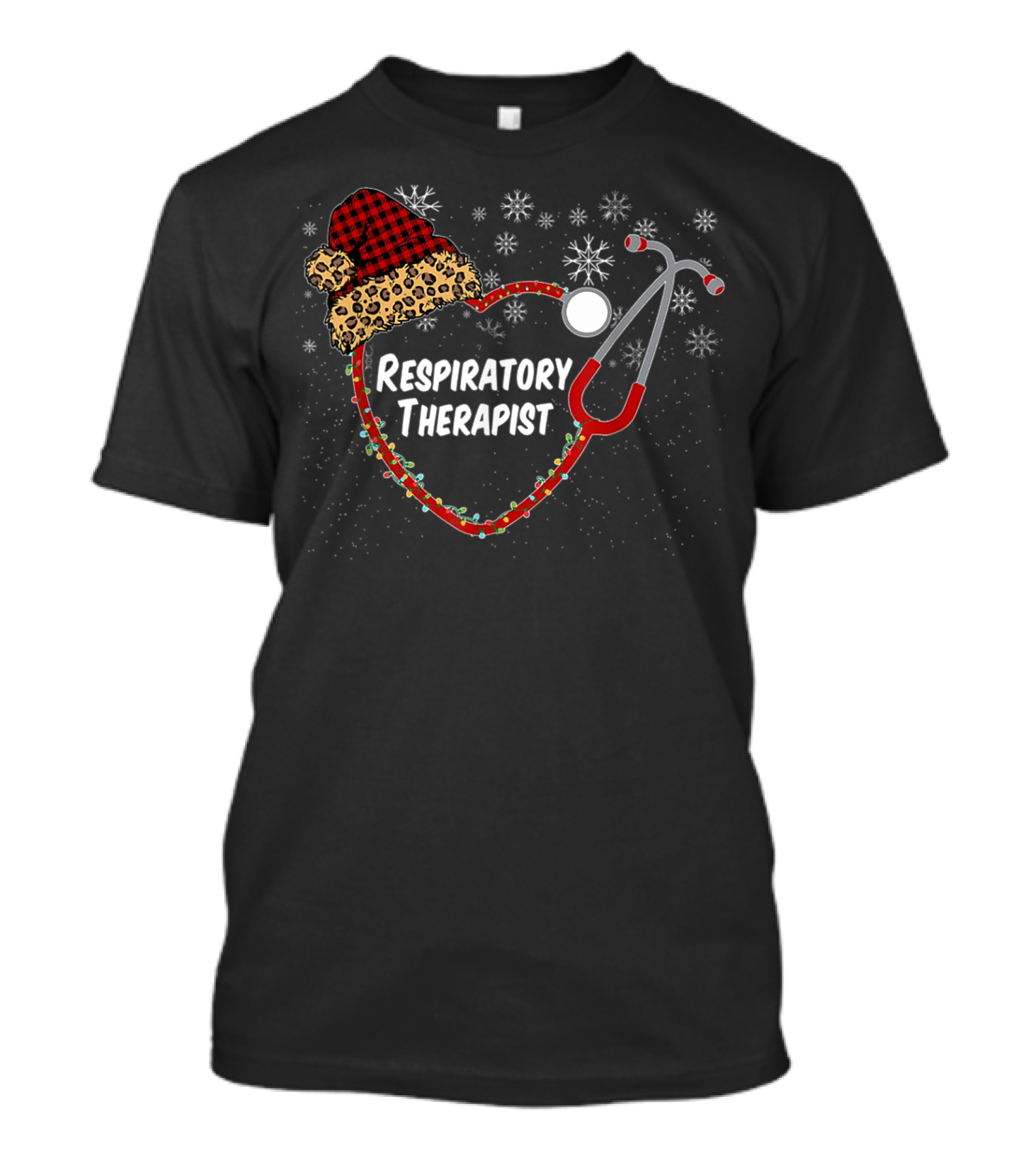 Respiratory Therapist Stethoscope Heart Christmas Snowflakes Leopard Hat T-Shirt
