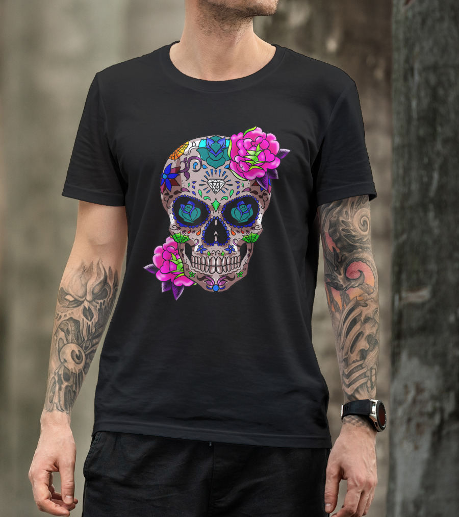 Sugar Skull Day Of The Dead Cool Bone Head Floral Roses Diamond Xc T-Shirt