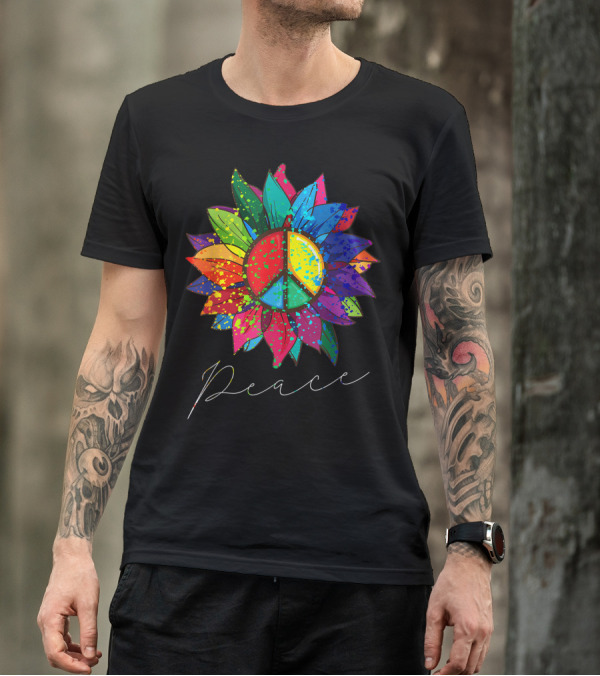 Peace Sunflower Rainbow Hippie 70s Flower Power Sign T-Shirt