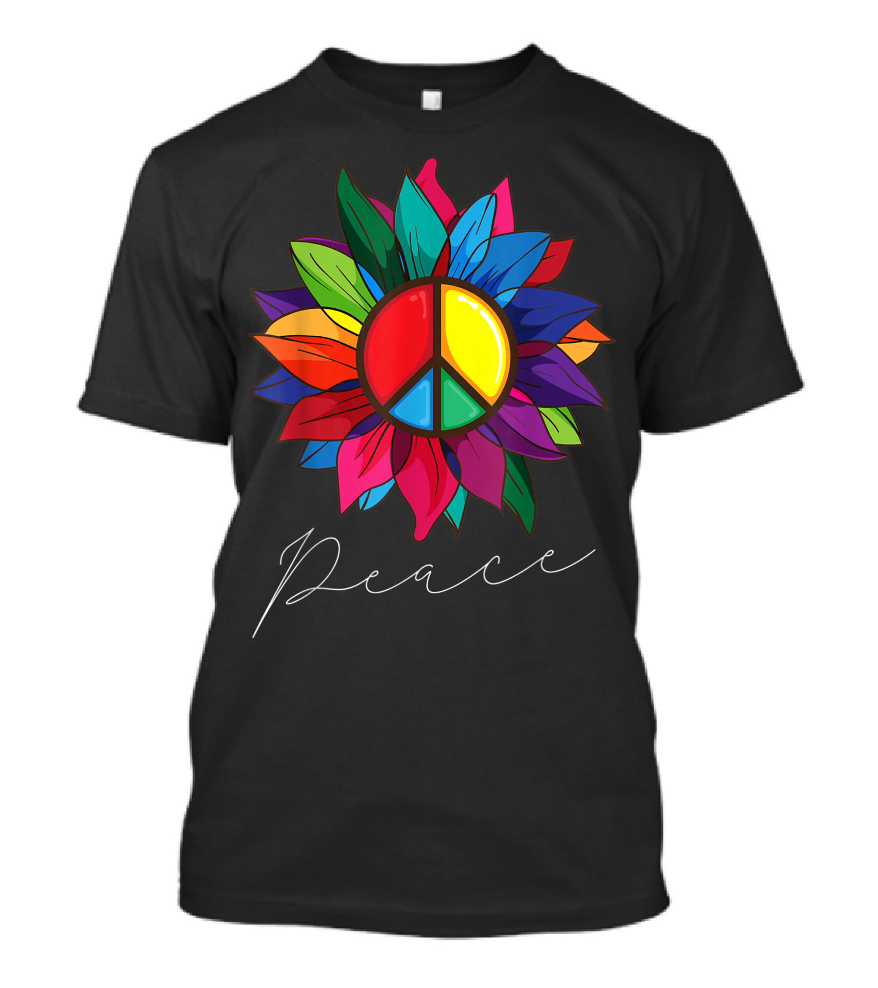 Sunflower Rainbow Peace Sign 70s Hippie Flower Power World T-Shirt