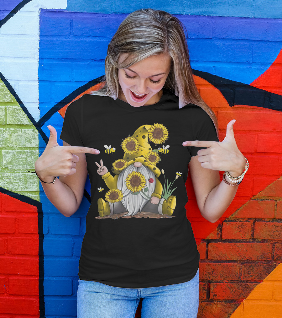 Sunflower Hippie Gnome With Bees And Ladybug Garden T-Shirt