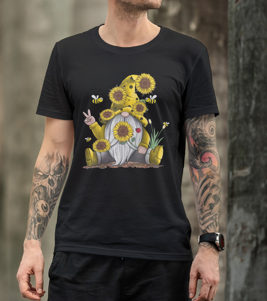 Sunflower Hippie Gnome With Bees And Ladybug Garden T-Shirt