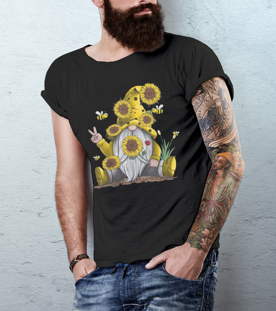 Sunflower Hippie Gnome With Bees And Ladybug Garden T-Shirt