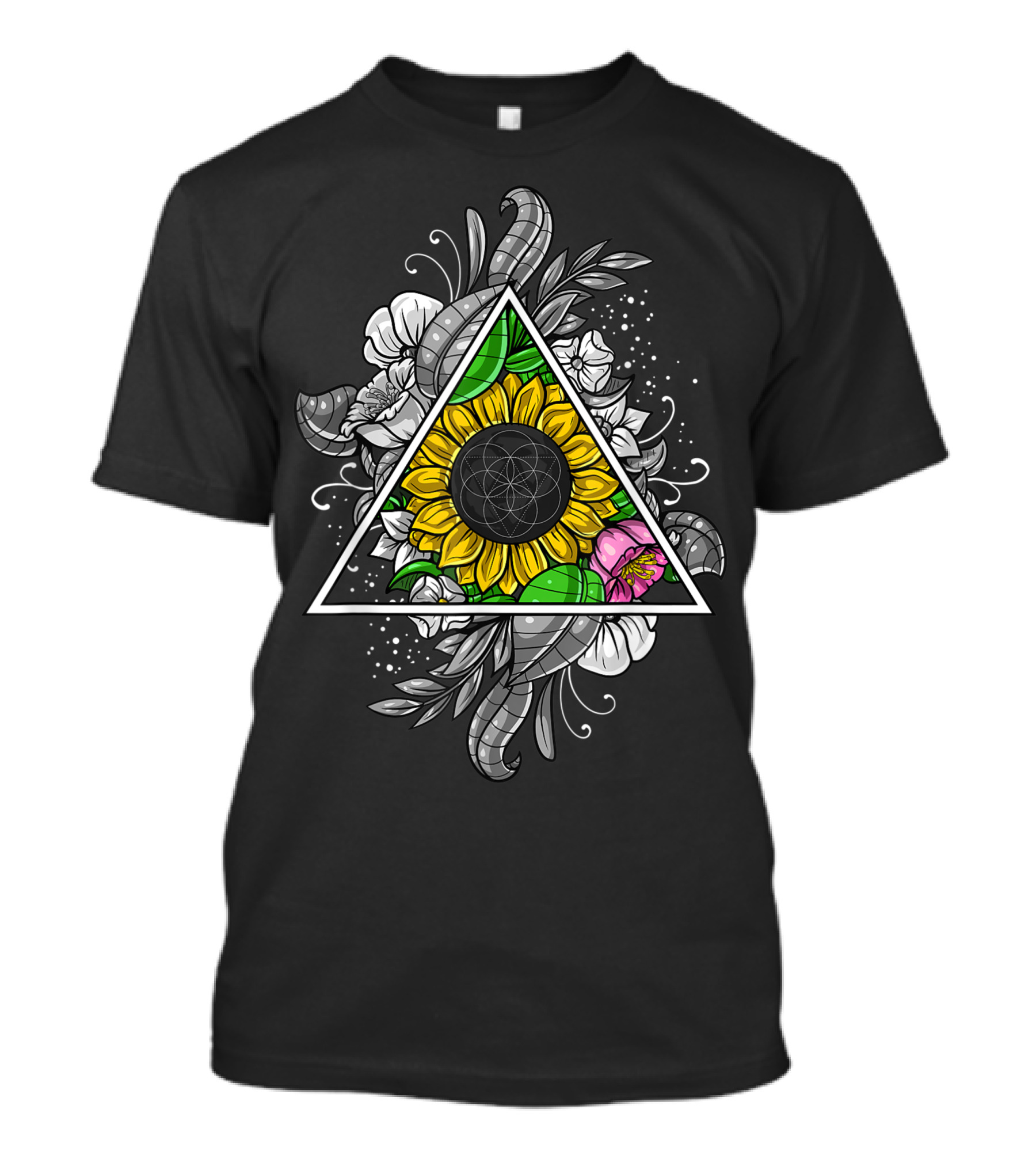 Sunflower Sacred Geometry Floral Flower Of Life Triangular Botanical T-Shirt