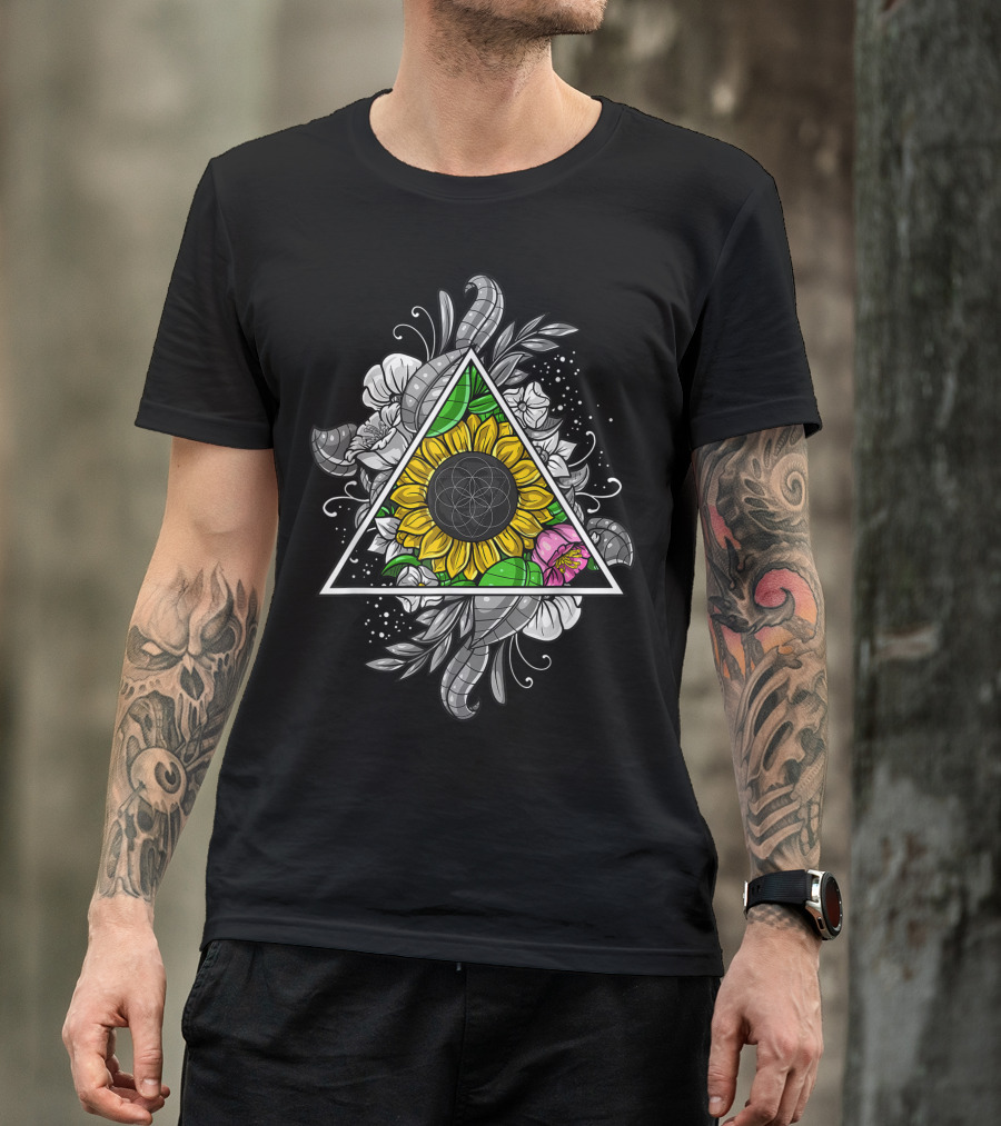 Sunflower Sacred Geometry Floral Flower Of Life Triangular Botanical T-Shirt