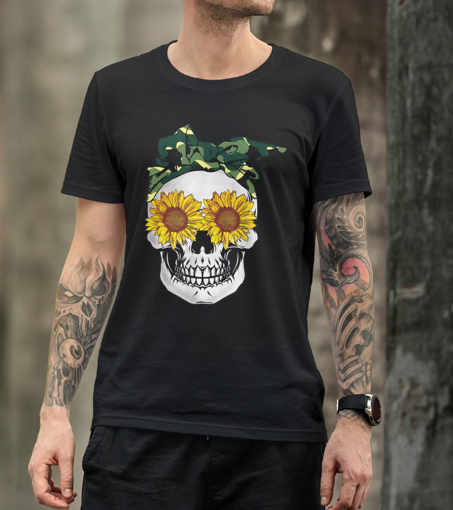 Sunflower Skull With Camouflage Bandana T-Shirt