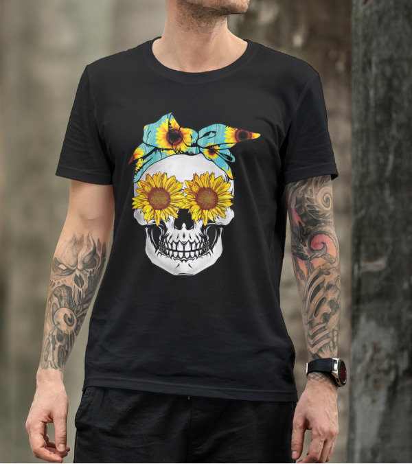 Sunflower Sugarskull With Floral Bandana T-Shirt