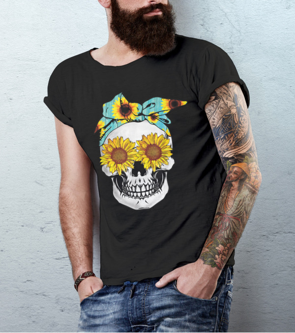 Sunflower Sugarskull With Floral Bandana T-Shirt