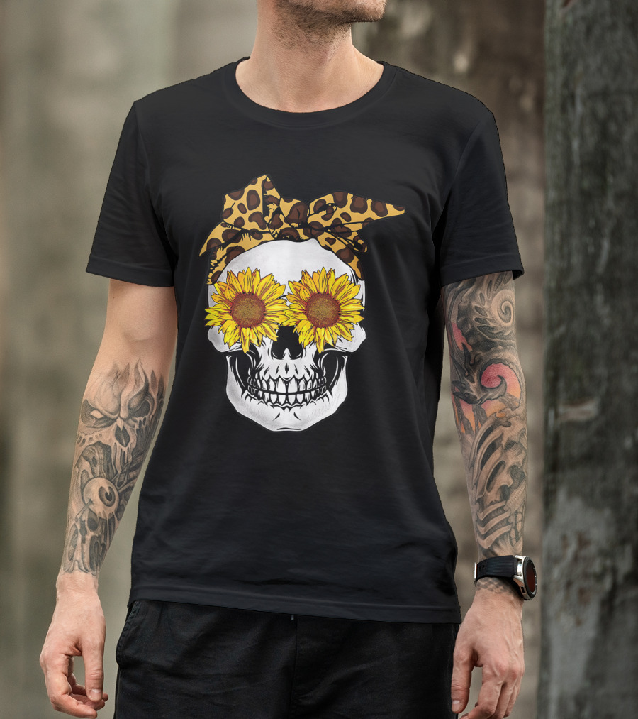 Sunflower Skull With Leopard Bandana Sugarskull Lovers T-Shirt
