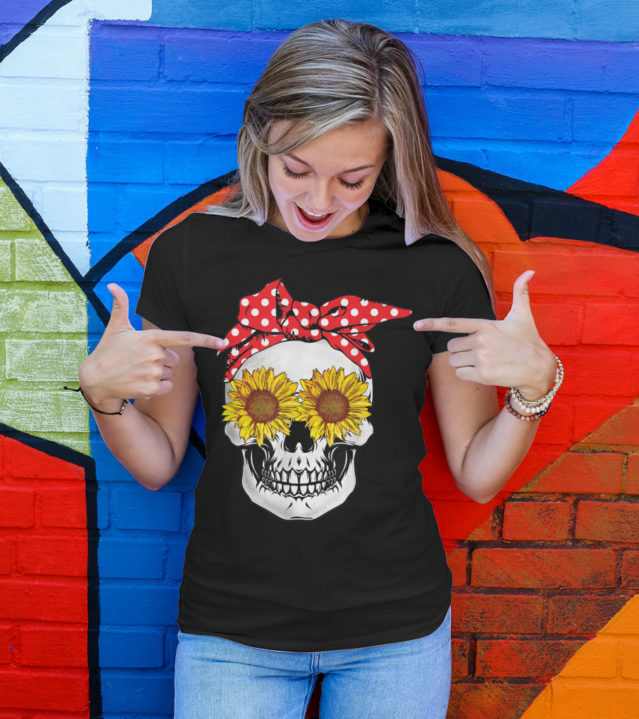Sunflower Skull With Red Polka Dot Bandana T-Shirt