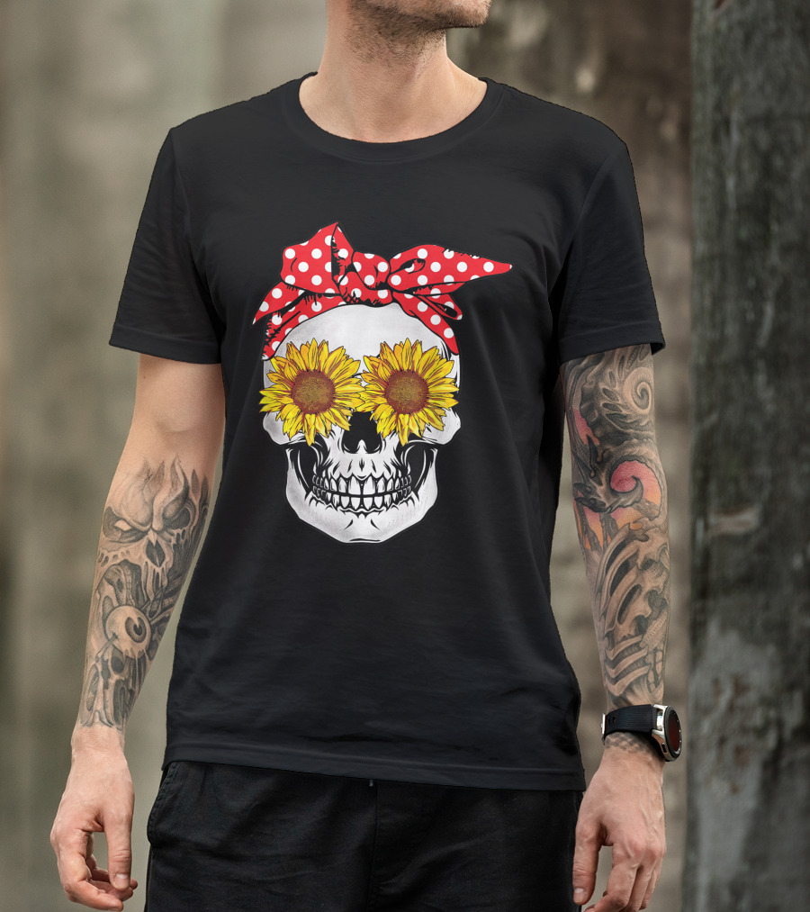 Sunflower Skull With Red Polka Dot Bandana T-Shirt