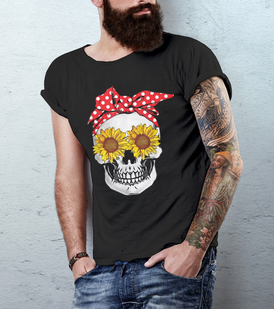 Sunflower Skull With Red Polka Dot Bandana T-Shirt