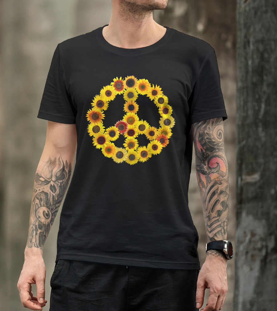 Sunflowers Peace Sign 60S 70S Love Kindness Yellow Sunflower Iconic Retro T-Shirt