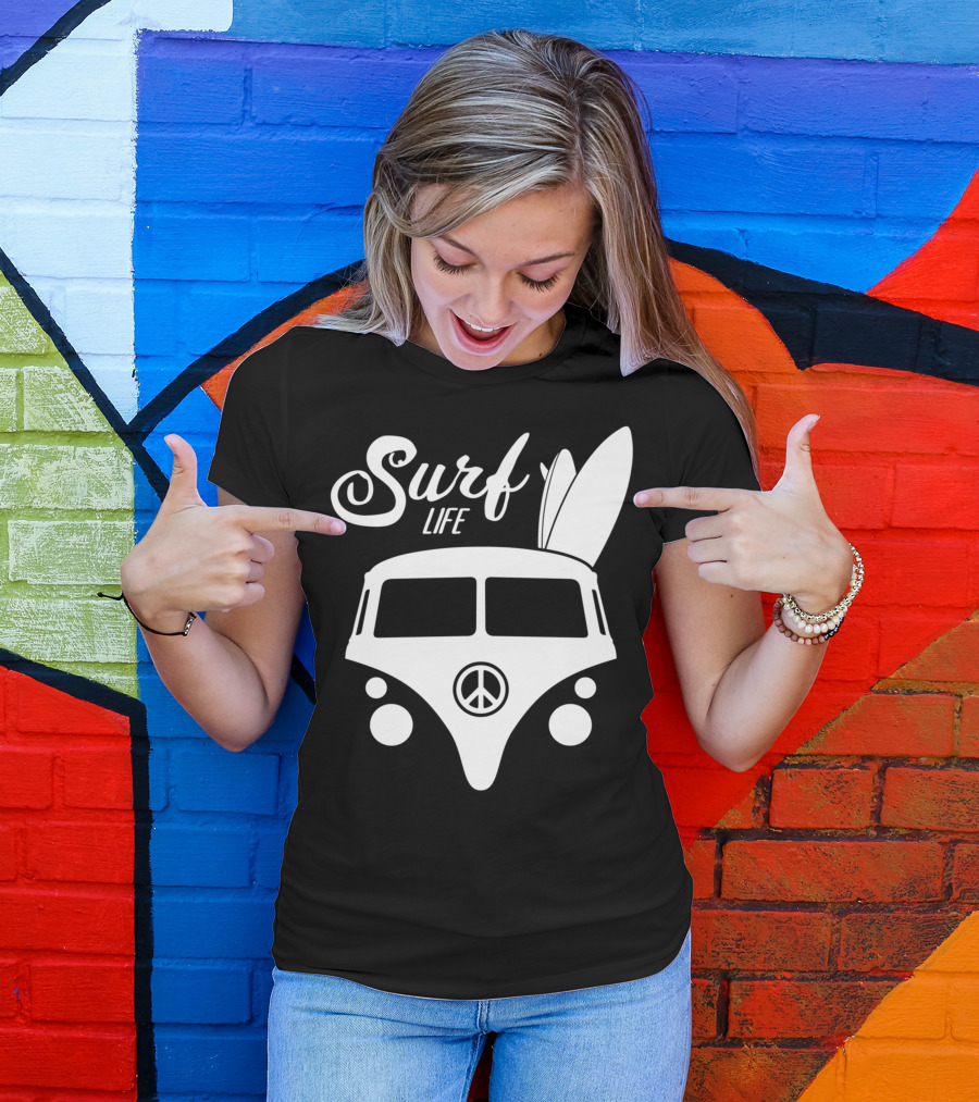 Surf Life Peace Van With Surfboards Hippy Surfer Vibes T-Shirt