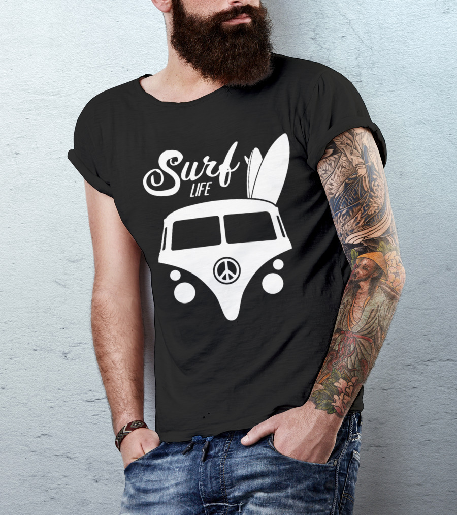 Surf Life Peace Van With Surfboards Hippy Surfer Vibes T-Shirt