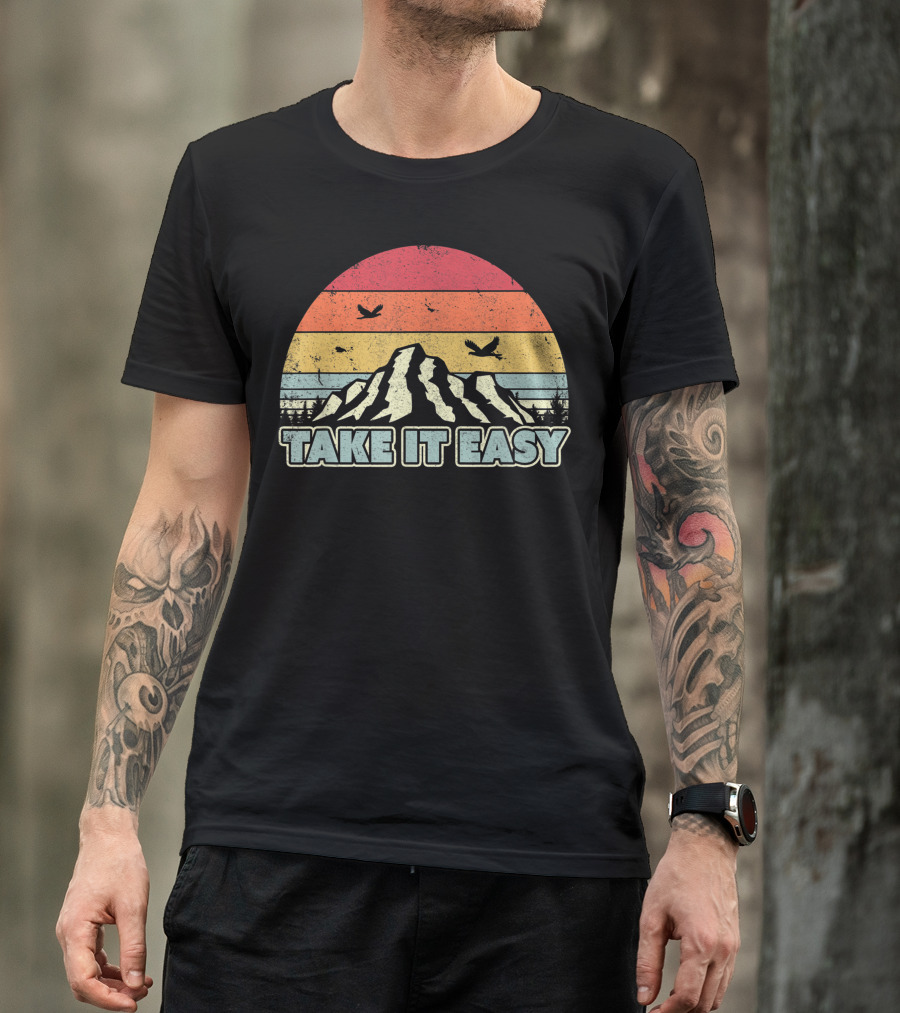 Take It Easy Retro Mountain Sunset Birds Camping Outdoors T-Shirt
