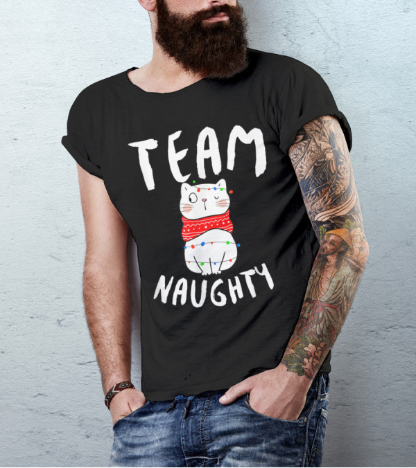 Team Naughty Christmas Cat In Festive Sweater With Lights T-Shirt