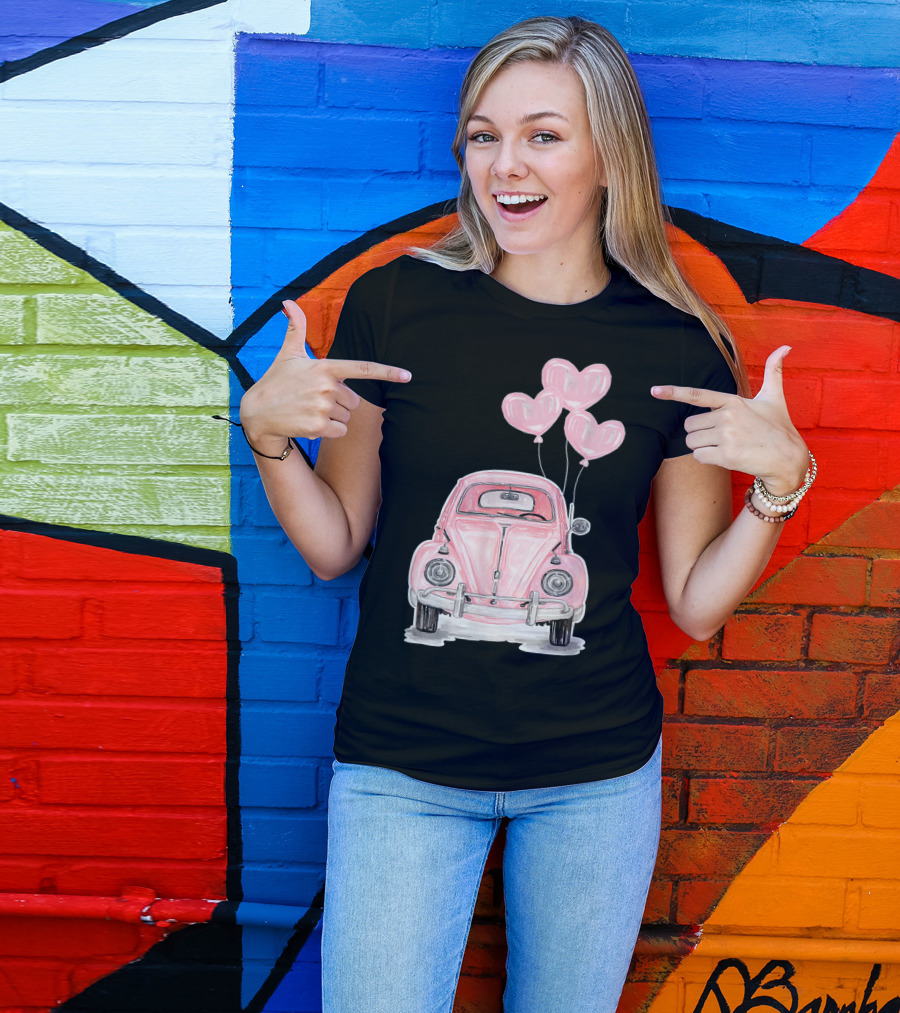 Pink Beetle Buggy With Heart Balloons For Hippie Auto Lovers T-Shirt