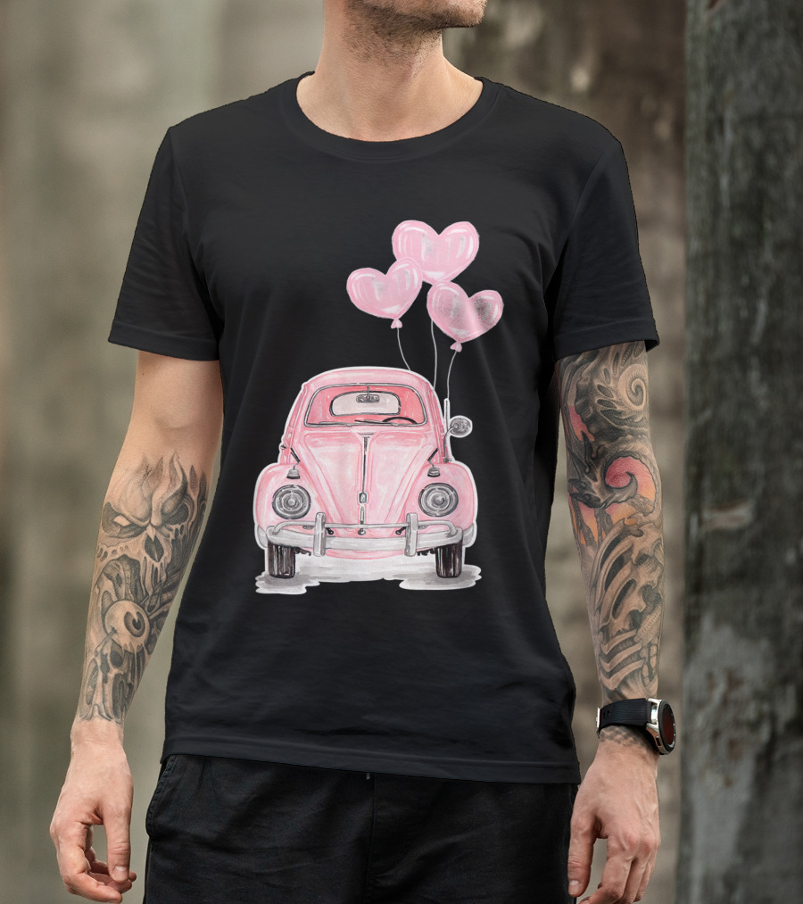 Pink Beetle Buggy With Heart Balloons For Hippie Auto Lovers T-Shirt