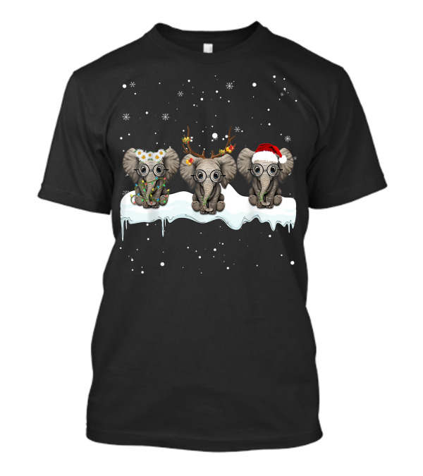Three Hippie Elephants Christmas Santa Antlers Lights Snowflakes T-Shirt