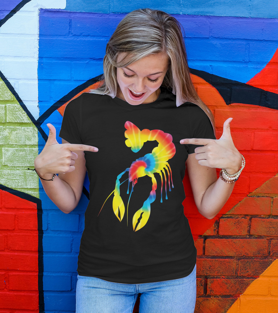 Tie Dye Rainbow Lobster Print Crayfish T-Shirt