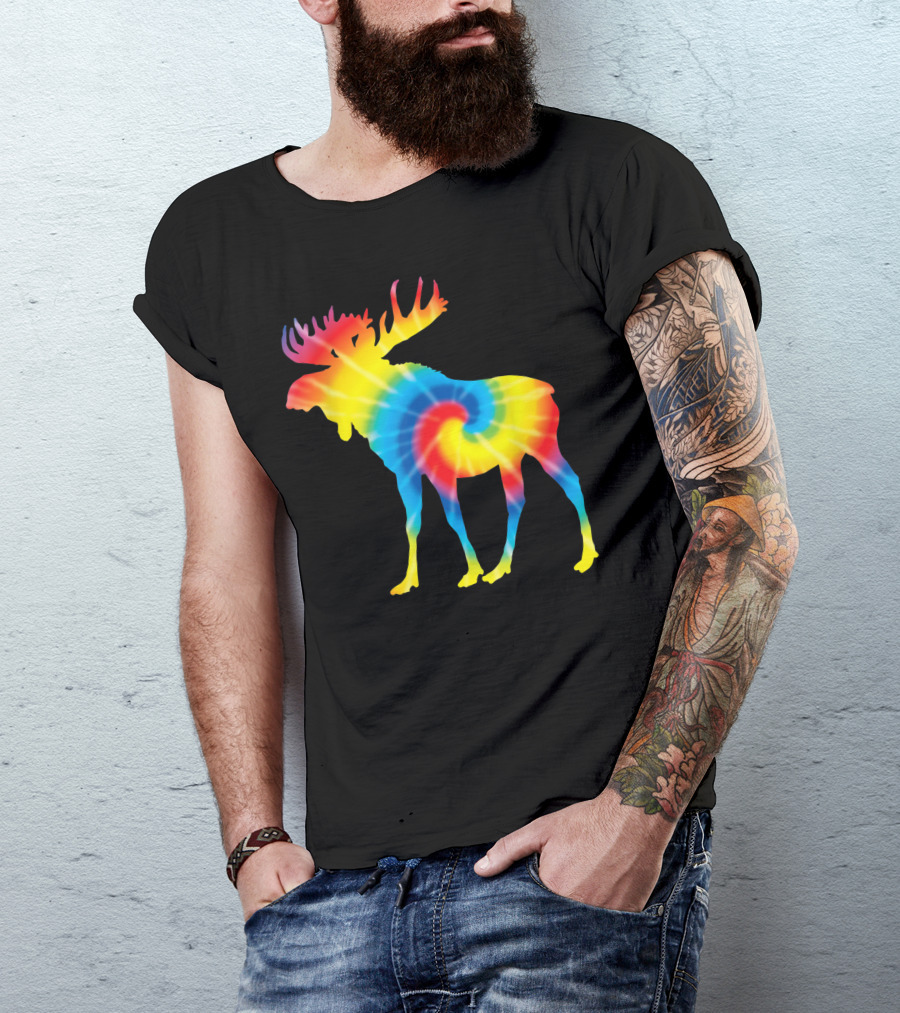 Tie Dye Rainbow Moose Deer Elk Print T-Shirt