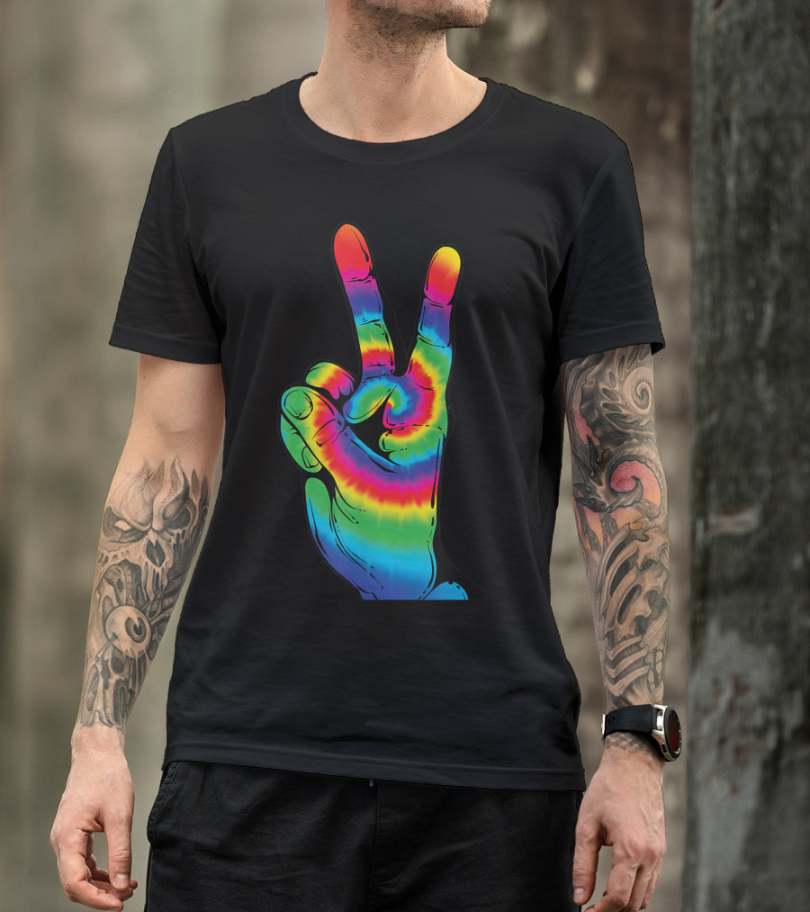 Tie Dye Peace V Hand Sign Rainbow Hippies T-Shirt