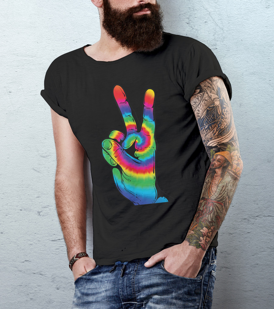 Tie Dye Peace V Hand Sign Rainbow Hippies T-Shirt