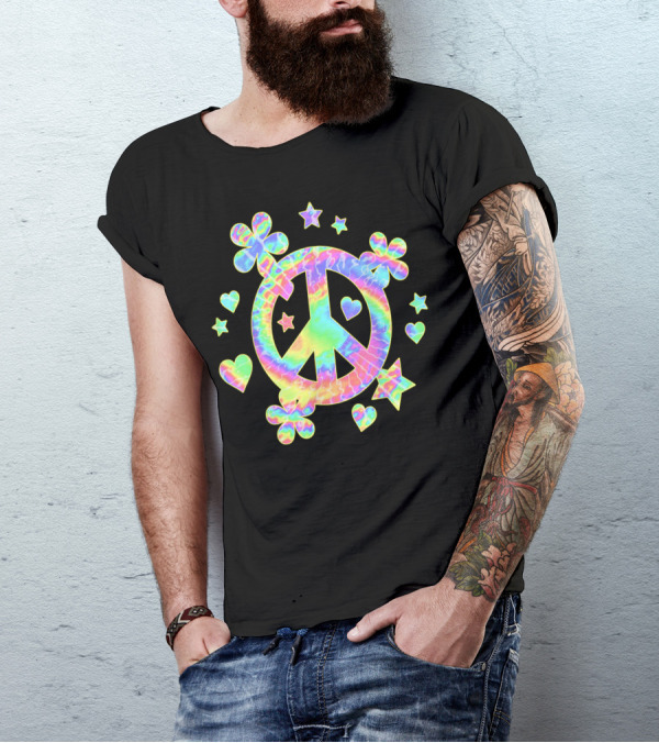 Tie Dye Peace Sign Colorful Love Hippie Flowers Stars Hearts T-Shirt