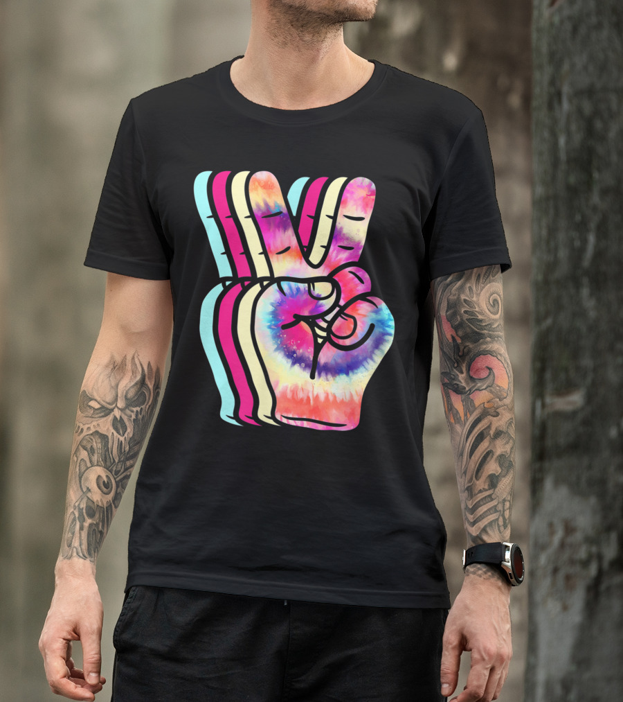Tie Dye Peace Sign Hand Multicolor Retro Vibes T-Shirt