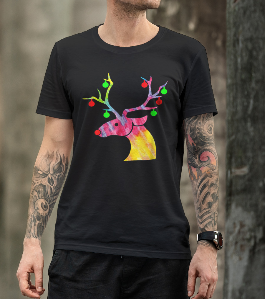 Tie Dye Reindeer Colorful Antlers With Ornaments T-Shirt