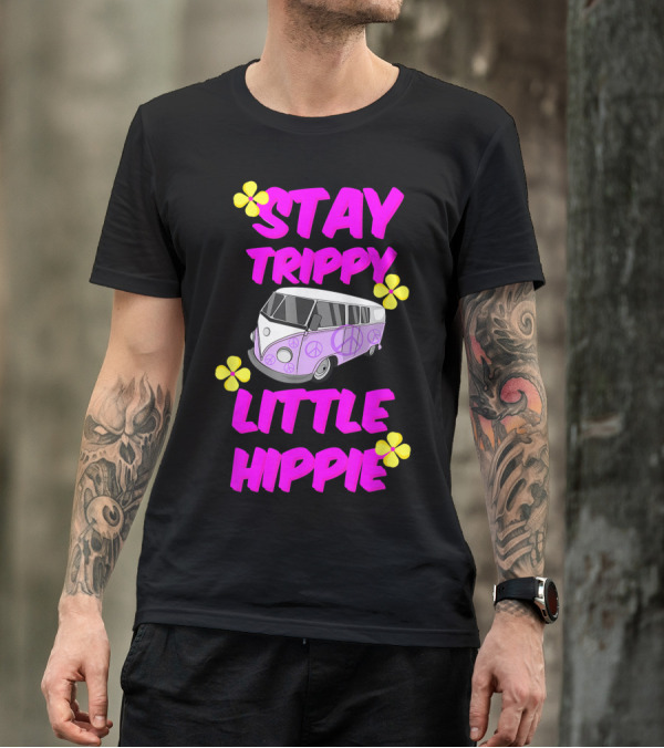 Stay Trippy Little Hippie Peace Sign Minibus Van Vibrant Flower Accents T-Shirt