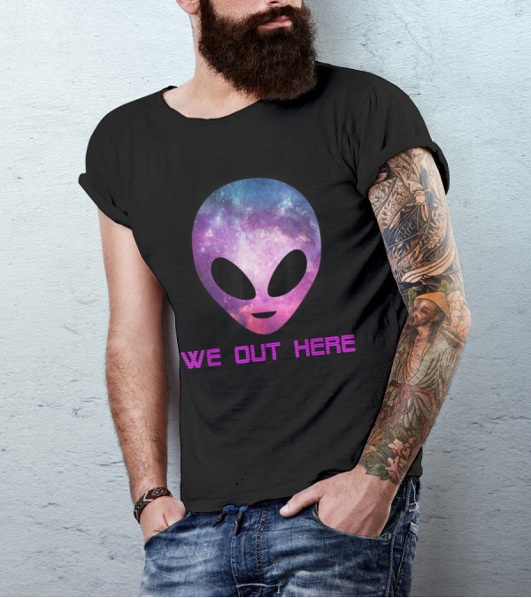 Trippy Alien Head We Out Here Ufo Galaxy Print T-Shirt