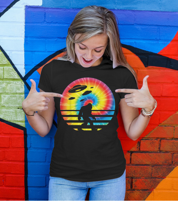 Unique Bigfoot UFO Abduction Rainbow Tie Dye T-Shirt