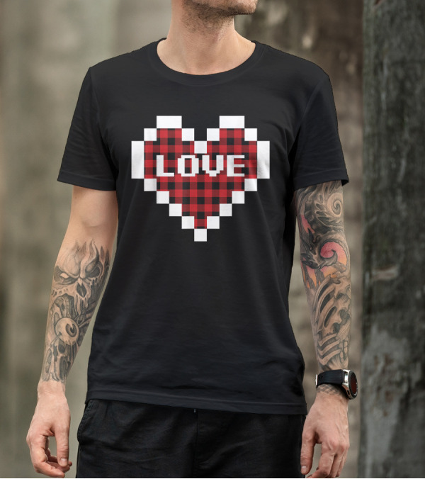 Valentines Day Buffalo Plaid Pixelated Love Heart Valentine T-Shirt
