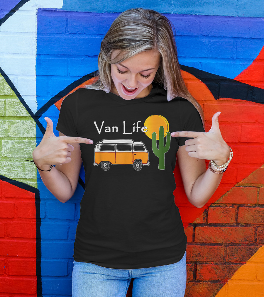 Van Life Vintage Bus With Cactus And Sun In Desert T-Shirt