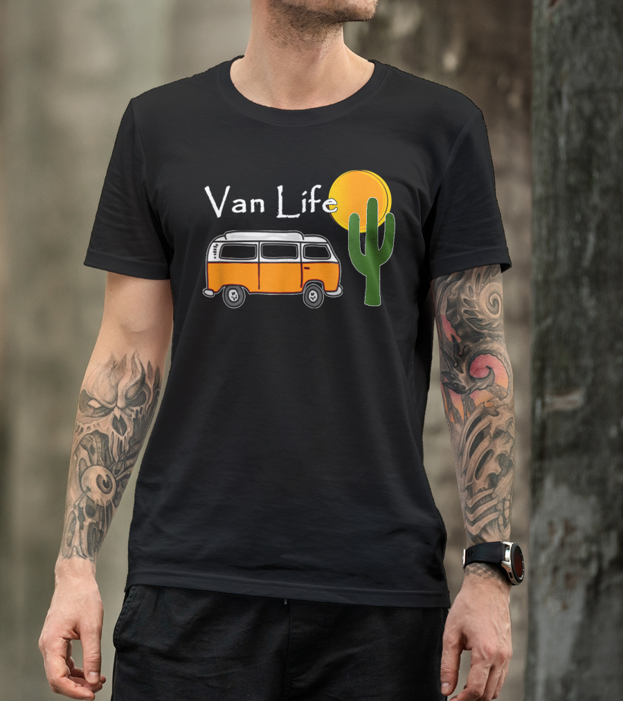 Van Life Vintage Bus With Cactus And Sun In Desert T-Shirt