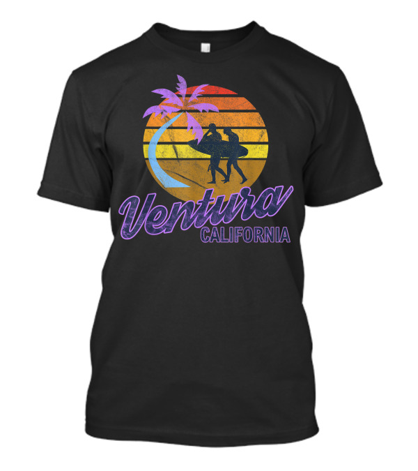 Ventura California Surf Sunset With Palm And Surfers T-Shirt